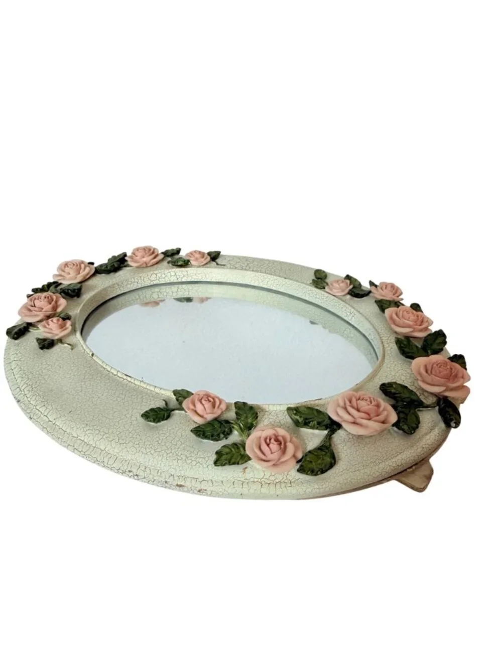 Homco Oval Mirror Roses Distressed White Frame VTG Shabby Chic French Country